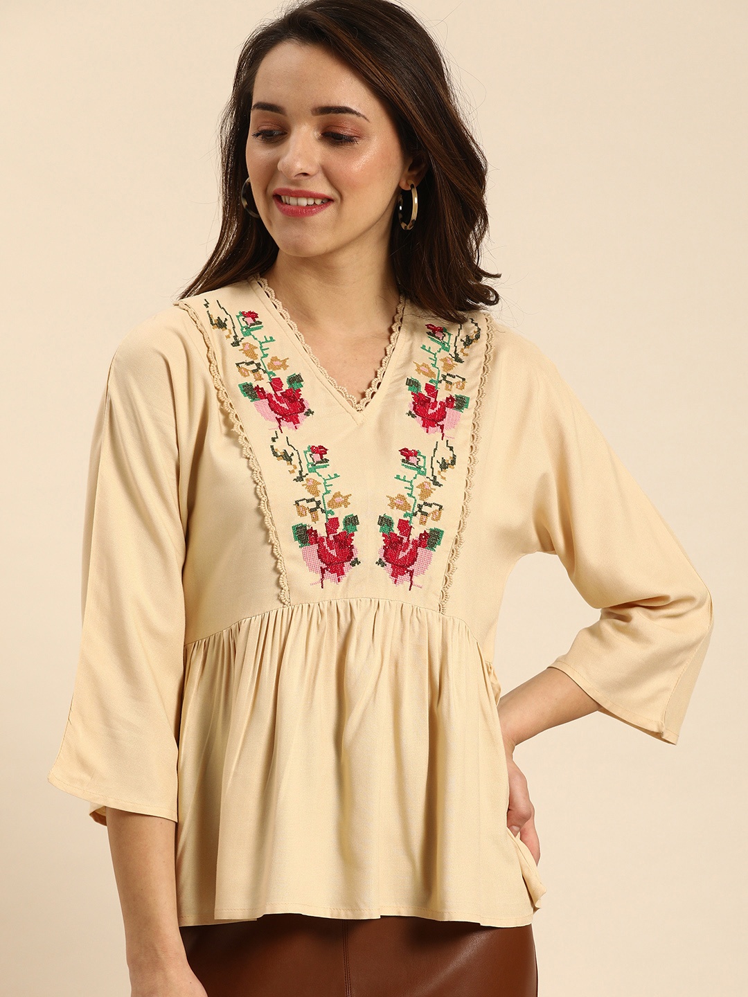 

DressBerry Women Beige Embroidered Empire Top