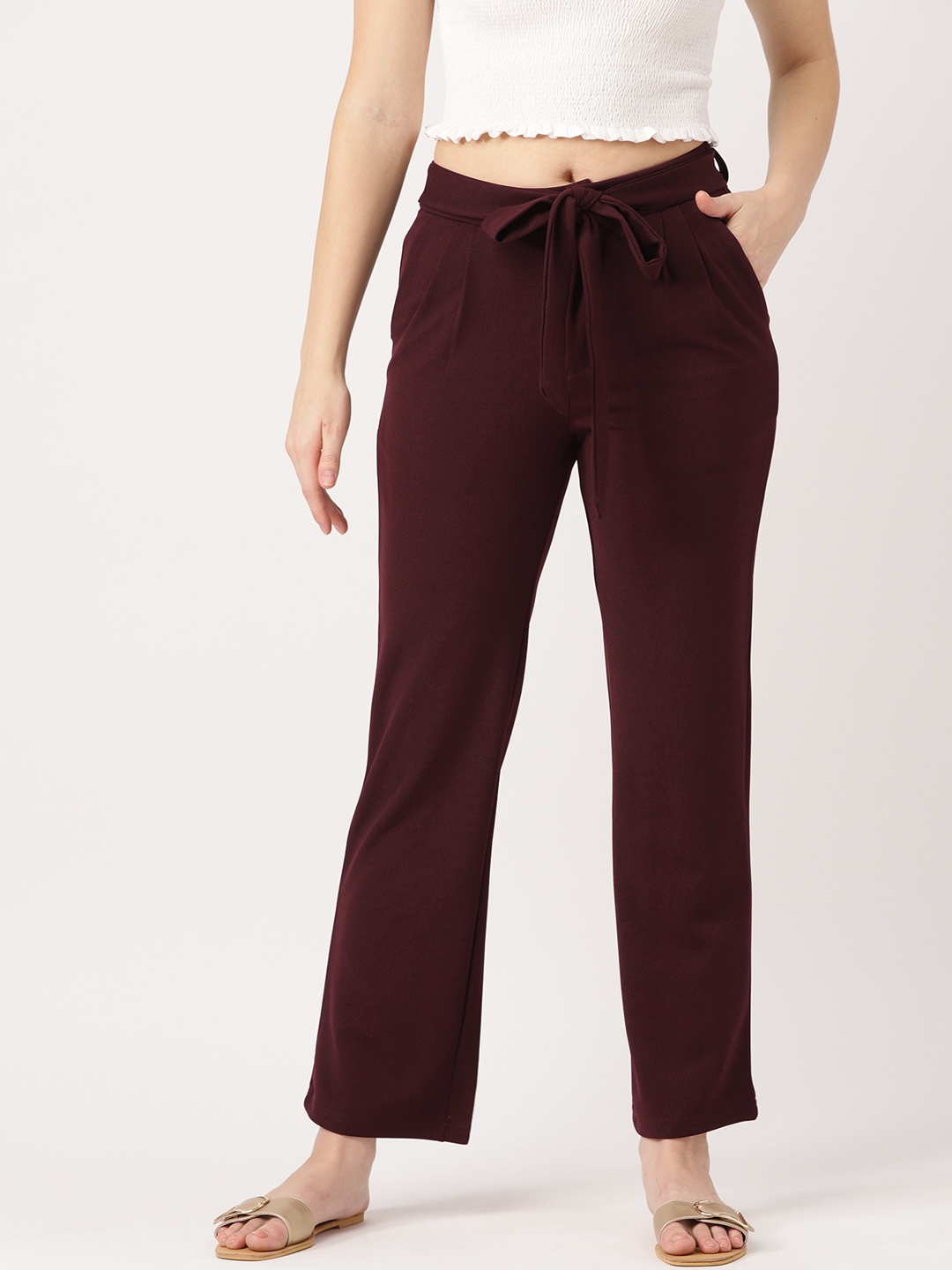 

DressBerry Women Burgundy Regular Fit Solid Regular Mid-Rise Trousers