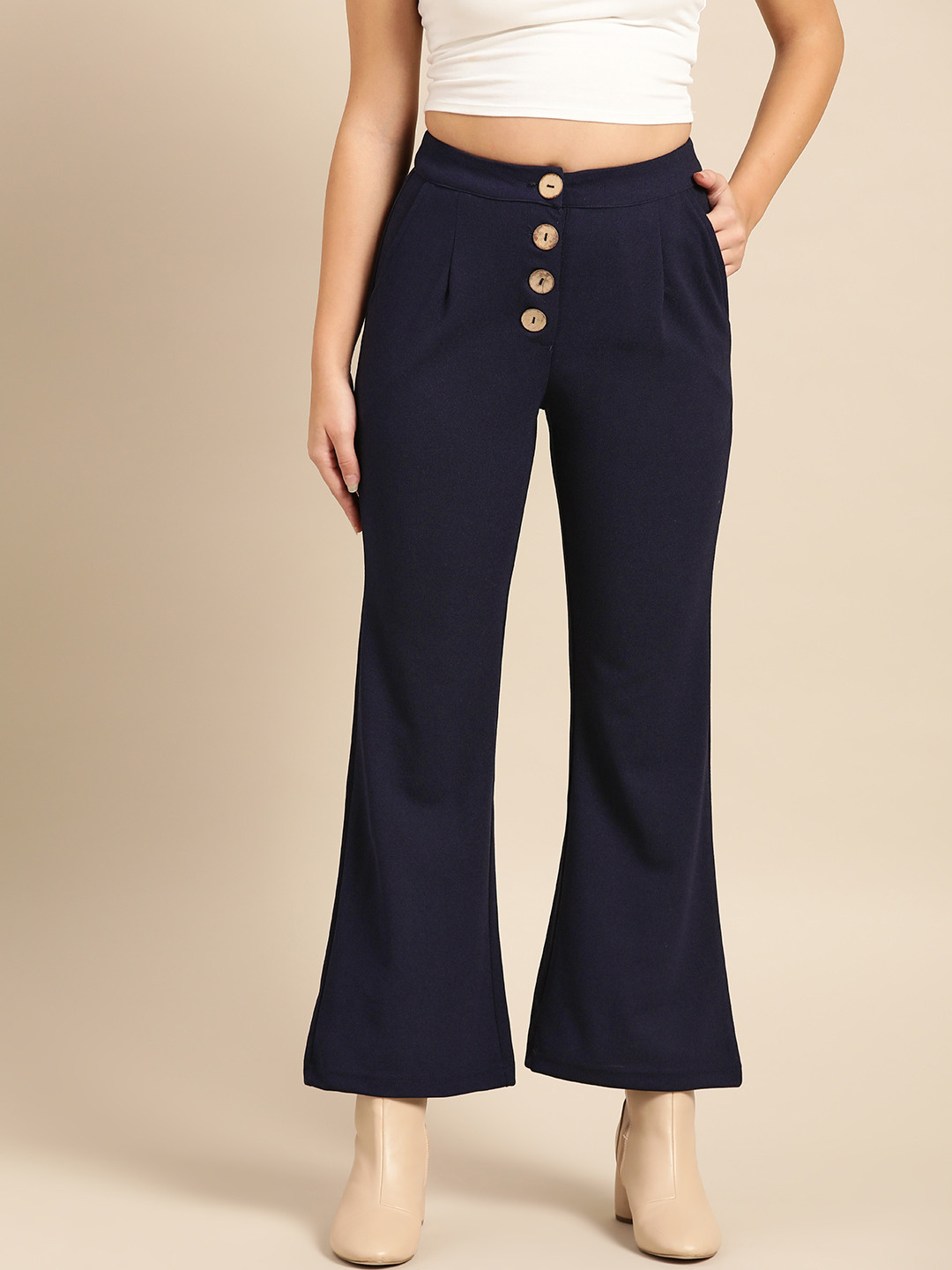 

DressBerry Women Navy Blue Regular Fit Solid Bootcut Trousers