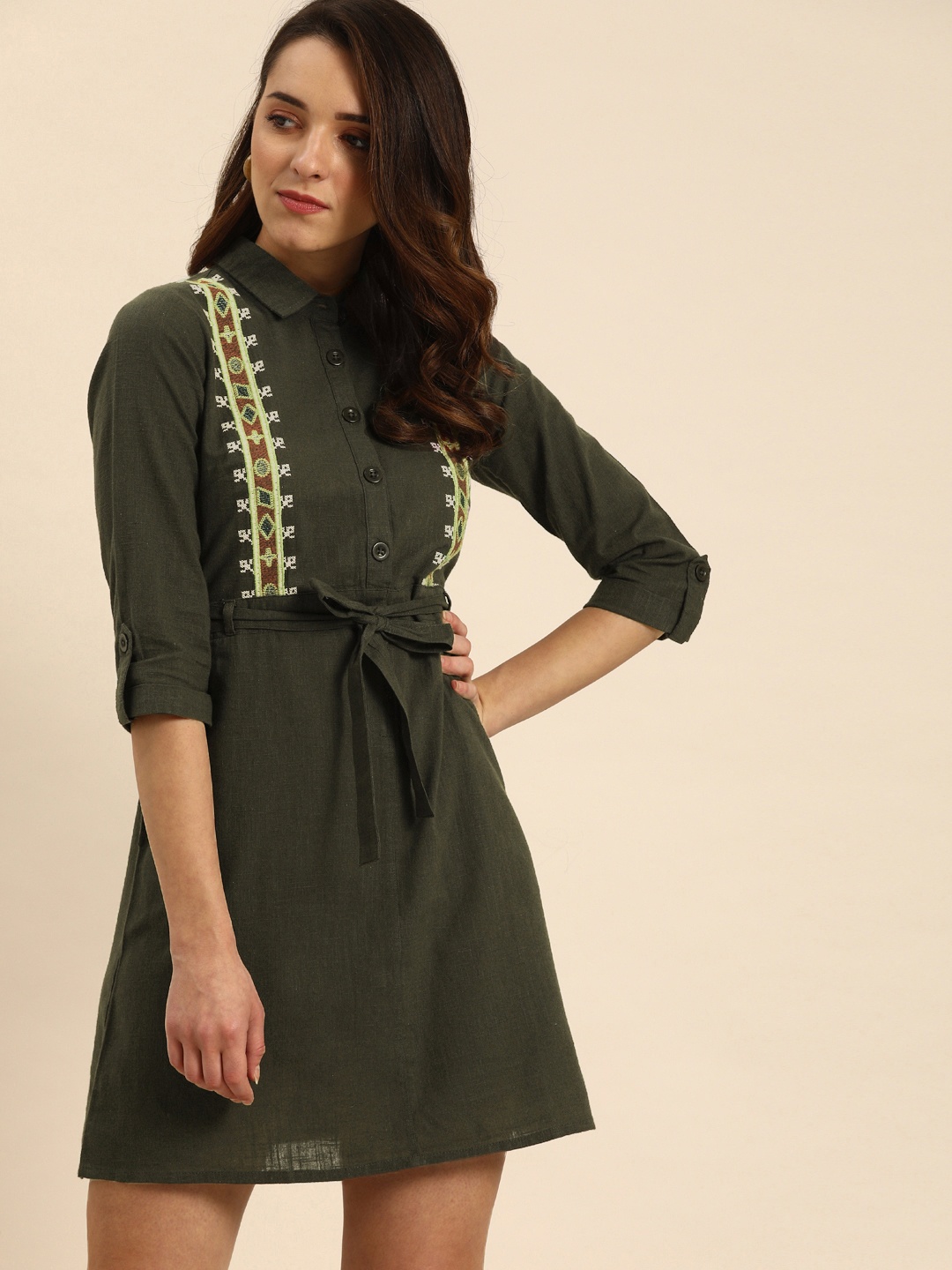 

DressBerry Women Olive Green Solid A-Line Dress With Embroidered Detailing