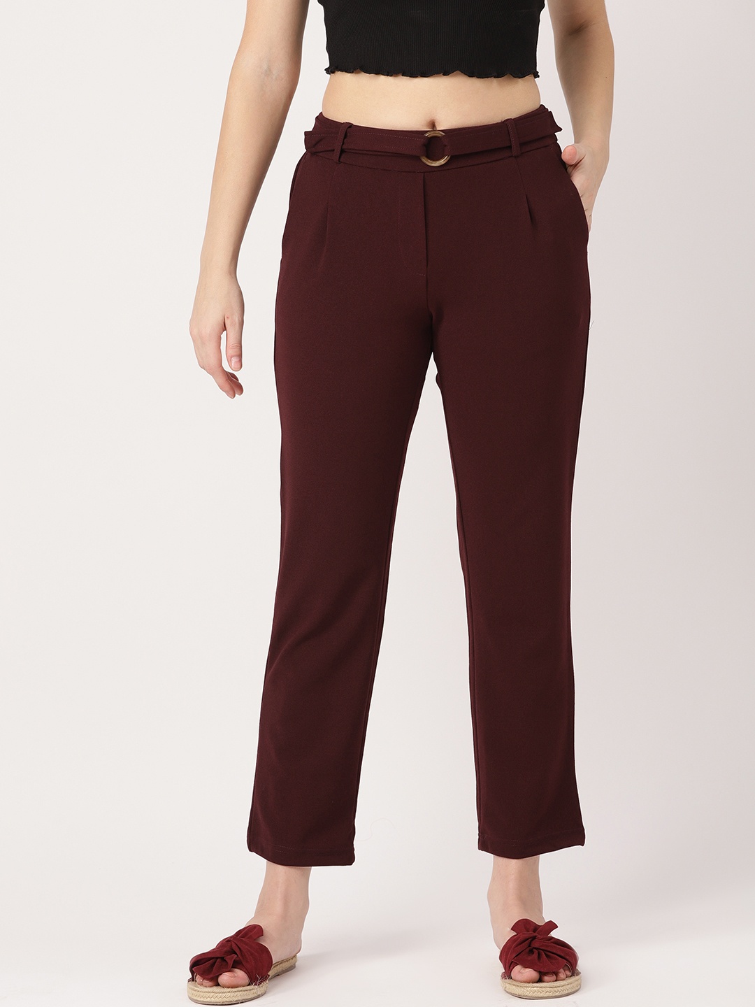 

DressBerry Women Burgundy Regular Fit Solid Cropped Trousers