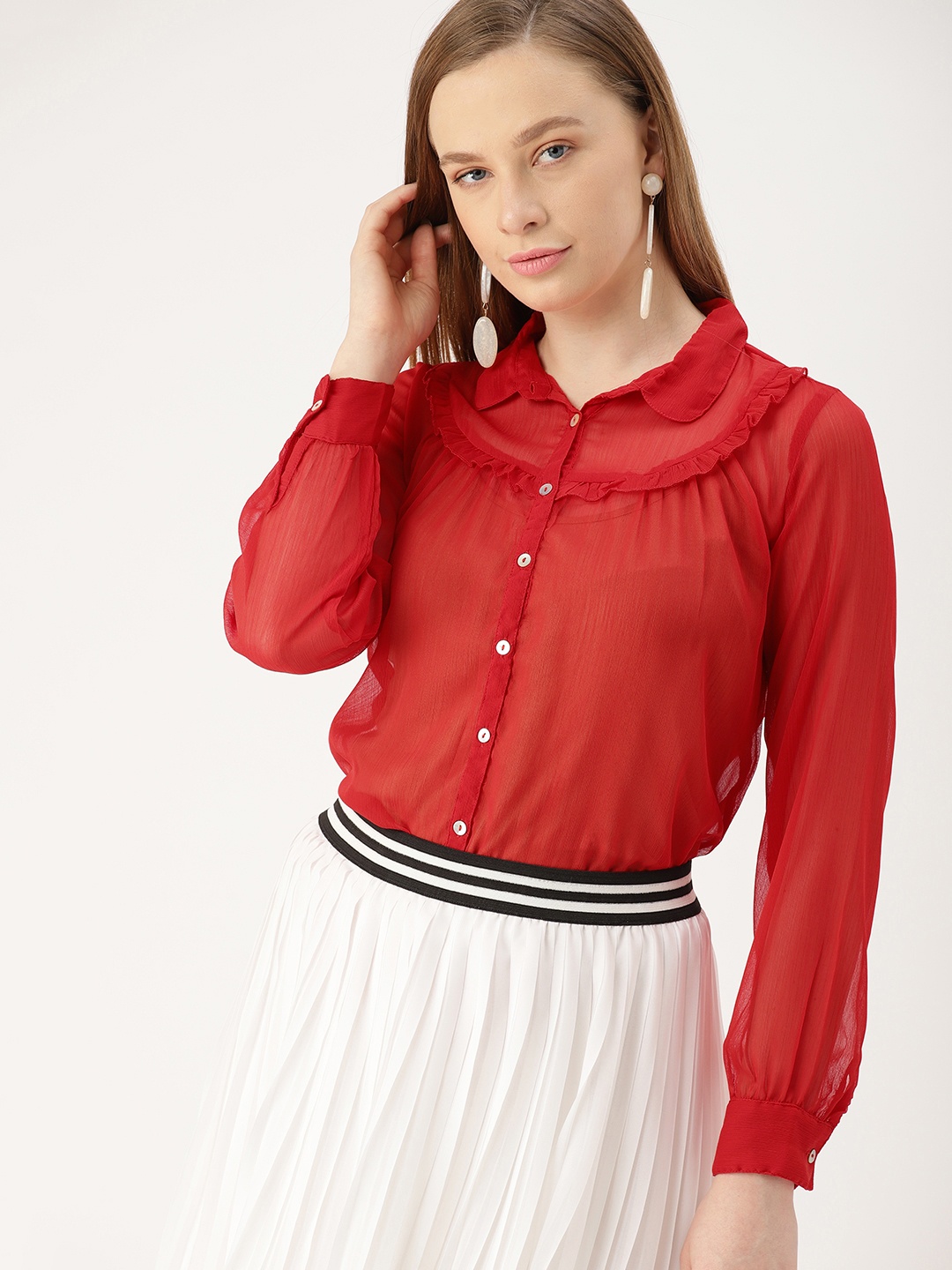 

DressBerry Women Red Regular Fit Solid Casual Semi-Sheer Shirt
