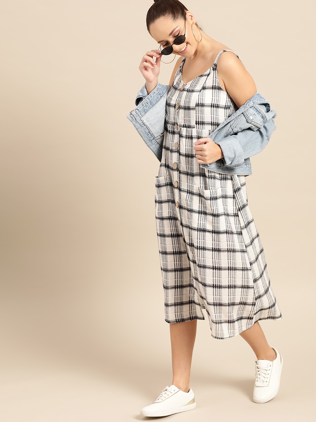 

DressBerry Women Off-White & Black Checked A-Line Dress