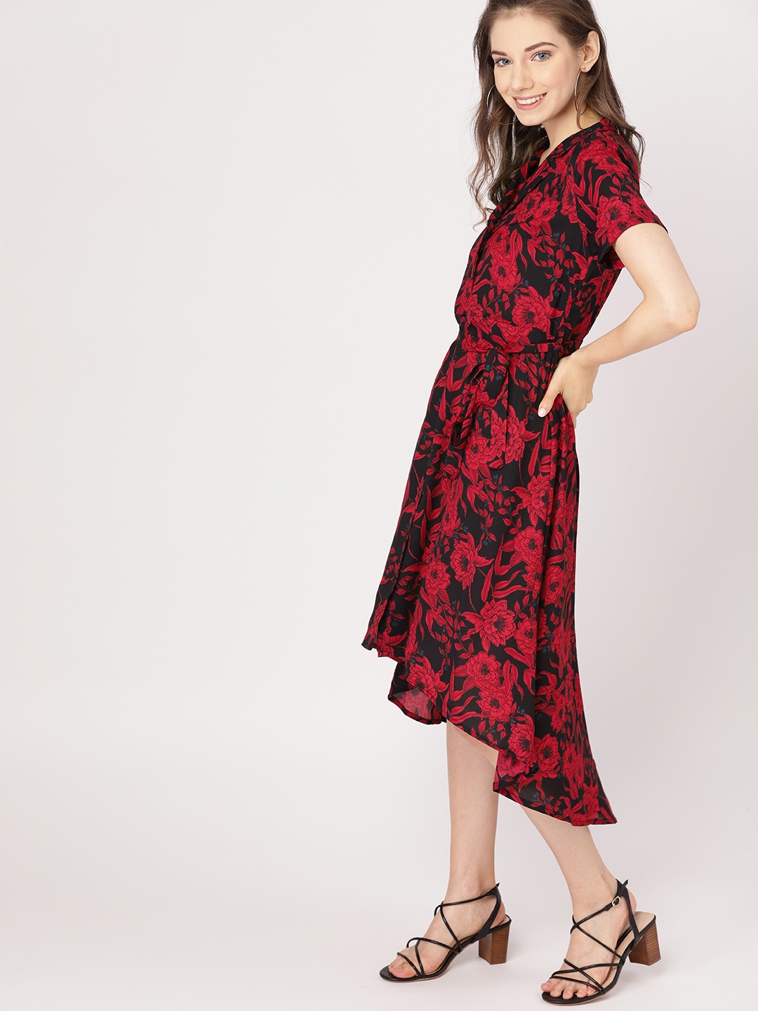 

DressBerry Women Black & Red Floral Printed Shirt Dress