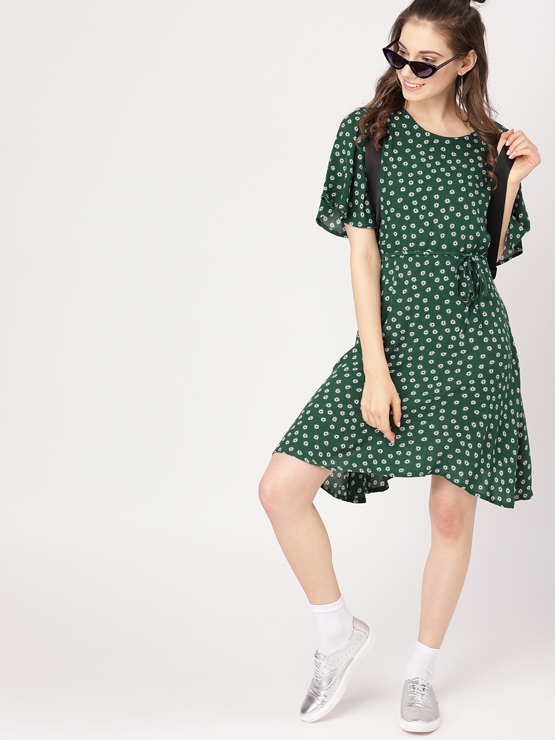 

DressBerry Green & Off-White Floral Printed A-Line Dress