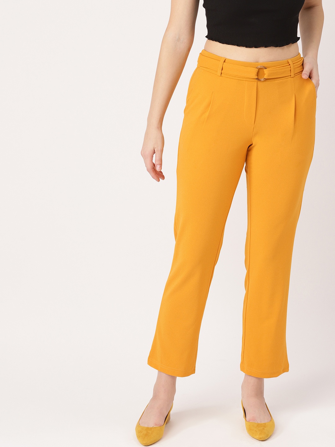 

DressBerry Women Mustard Yellow Regular Fit Cropped Solid Trousers