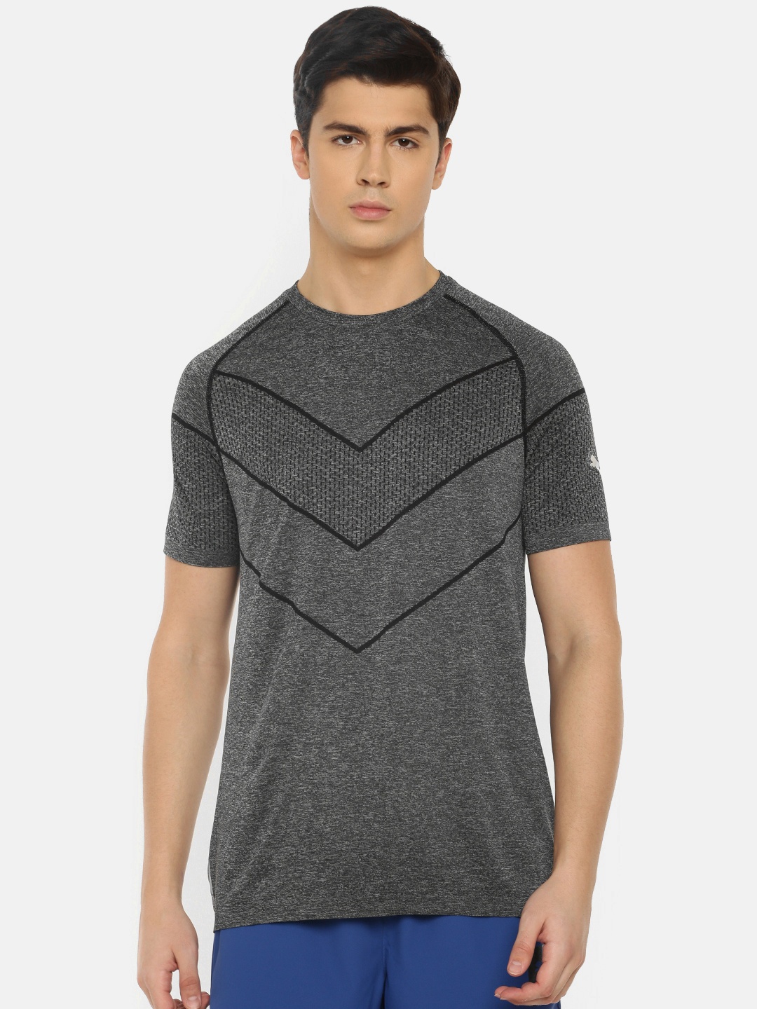 

Puma Men Charcoal Grey Printed Reactive evoKNIT dryCELL Round Neck Running T-shirt