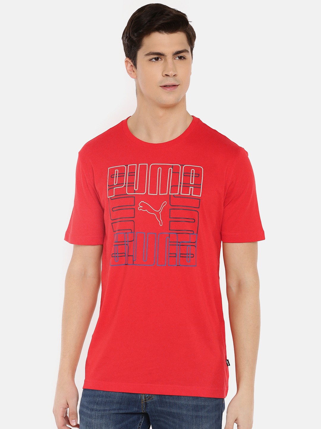 

Puma Men Red Brand Graphic Printed Round Neck Pure Cotton T-shirt