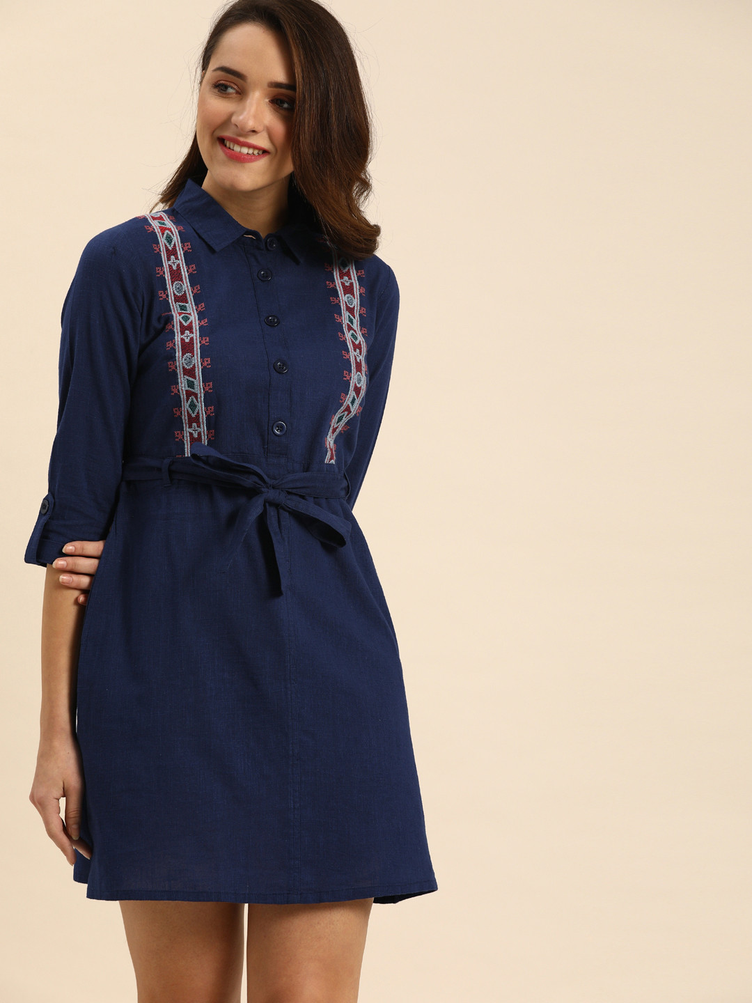 

DressBerry Women Navy Blue Solid A-Line Dress With Embroidered Detailing