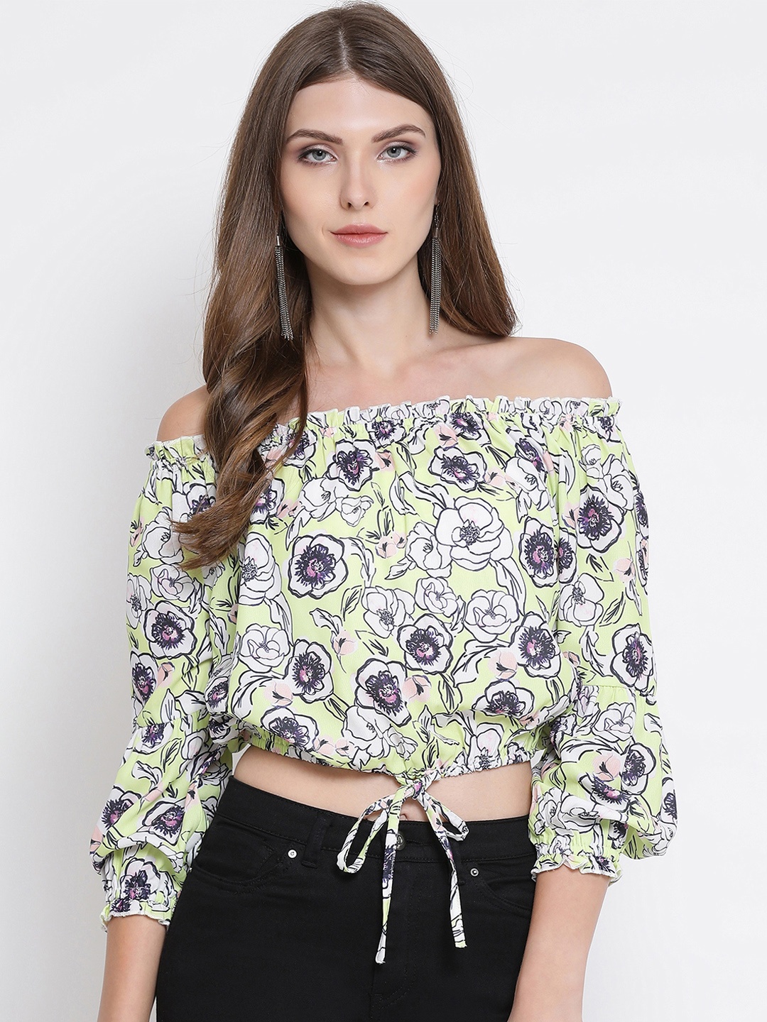 

Oxolloxo Women Multicoloured Printed Bardot Crop Top, Multi