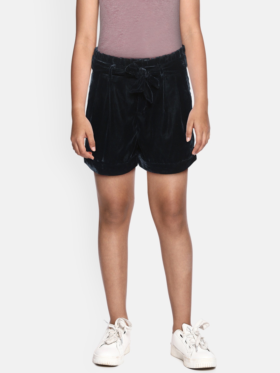 

Marks & Spencer Girls Navy Blue Solid Velvet Finish Regular Fit Shorts With Belt