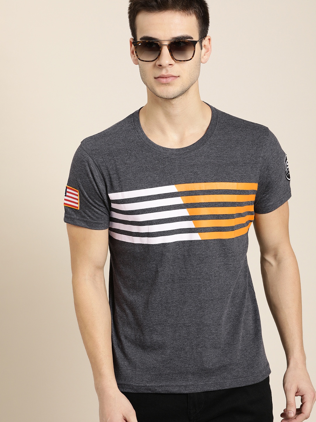 

Moda Rapido Men Charcoal Grey Striped Round Neck Pure Cotton T-shirt