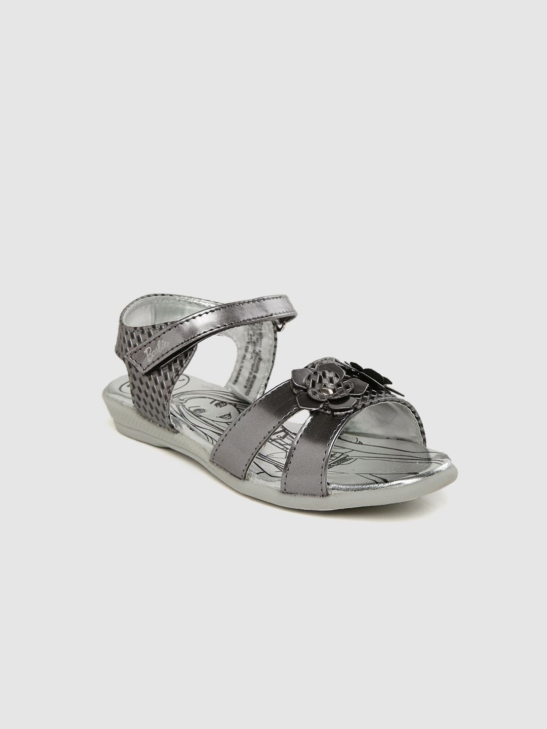 

toothless Girls Gunmetal-Toned Barbie Textured Open Toe Flats With Applique Detail, Metallic