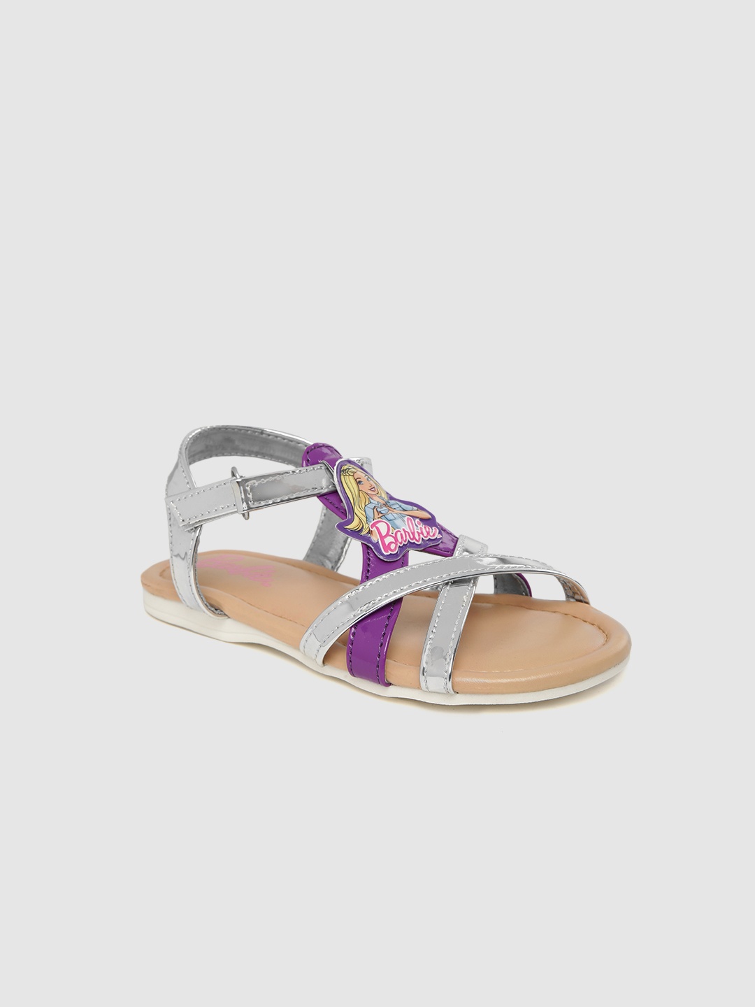 

toothless Girls Silver-Toned & Purple Colourblocked Barbie Open Toe Flats
