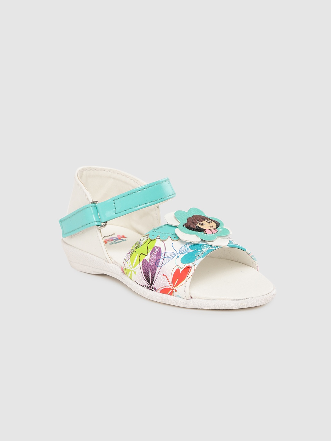 

toothless Girls White & Sea Green Dora Printed Open Toe Flats with Applique Detail