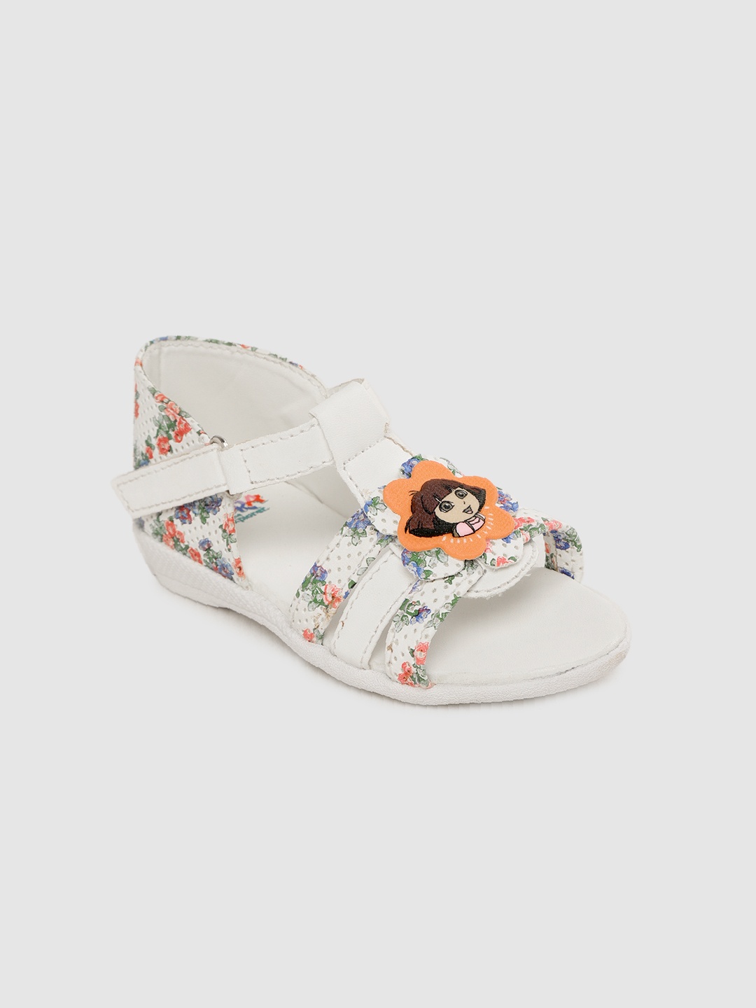 

toothless Girls Dora White & Green Printed Open Toe Flats With Perforated Applique Detail