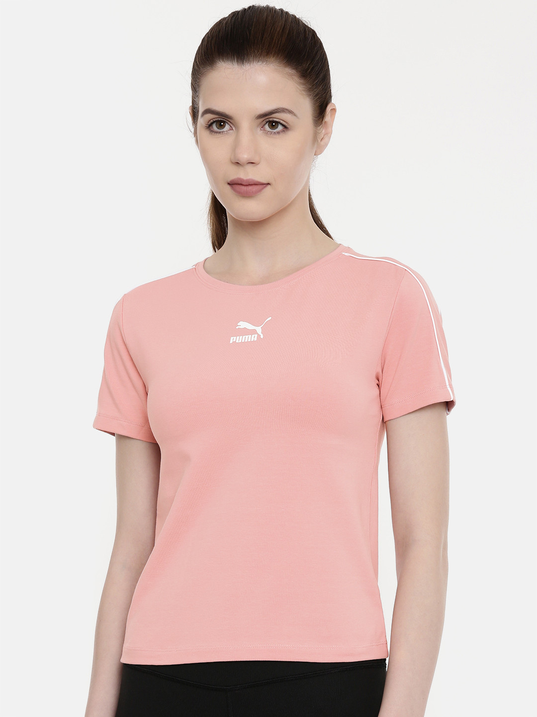

Puma Women Pink Solid Classics Tight Round Neck T-shirt