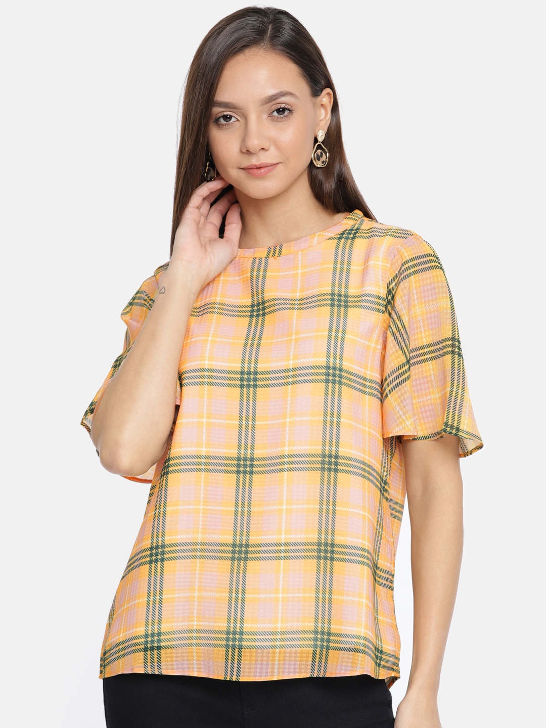 

Vero Moda Women Yellow & Olive Green Checked Top