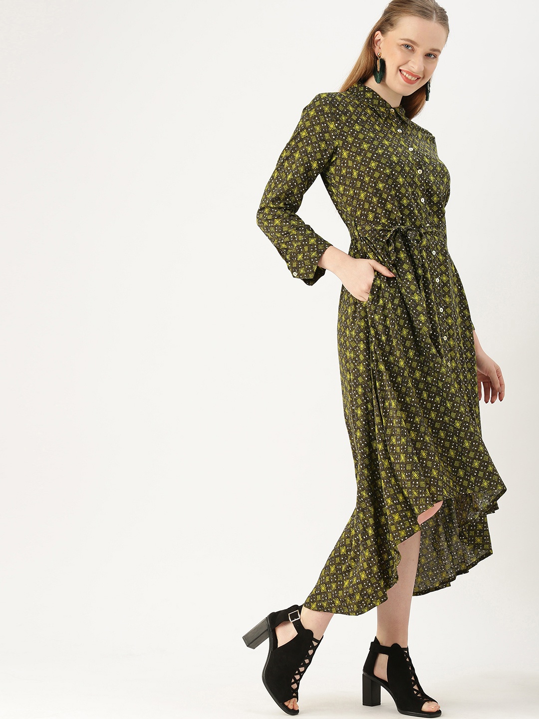 

DressBerry Women Printed Green Fit and Flare High Low Dress