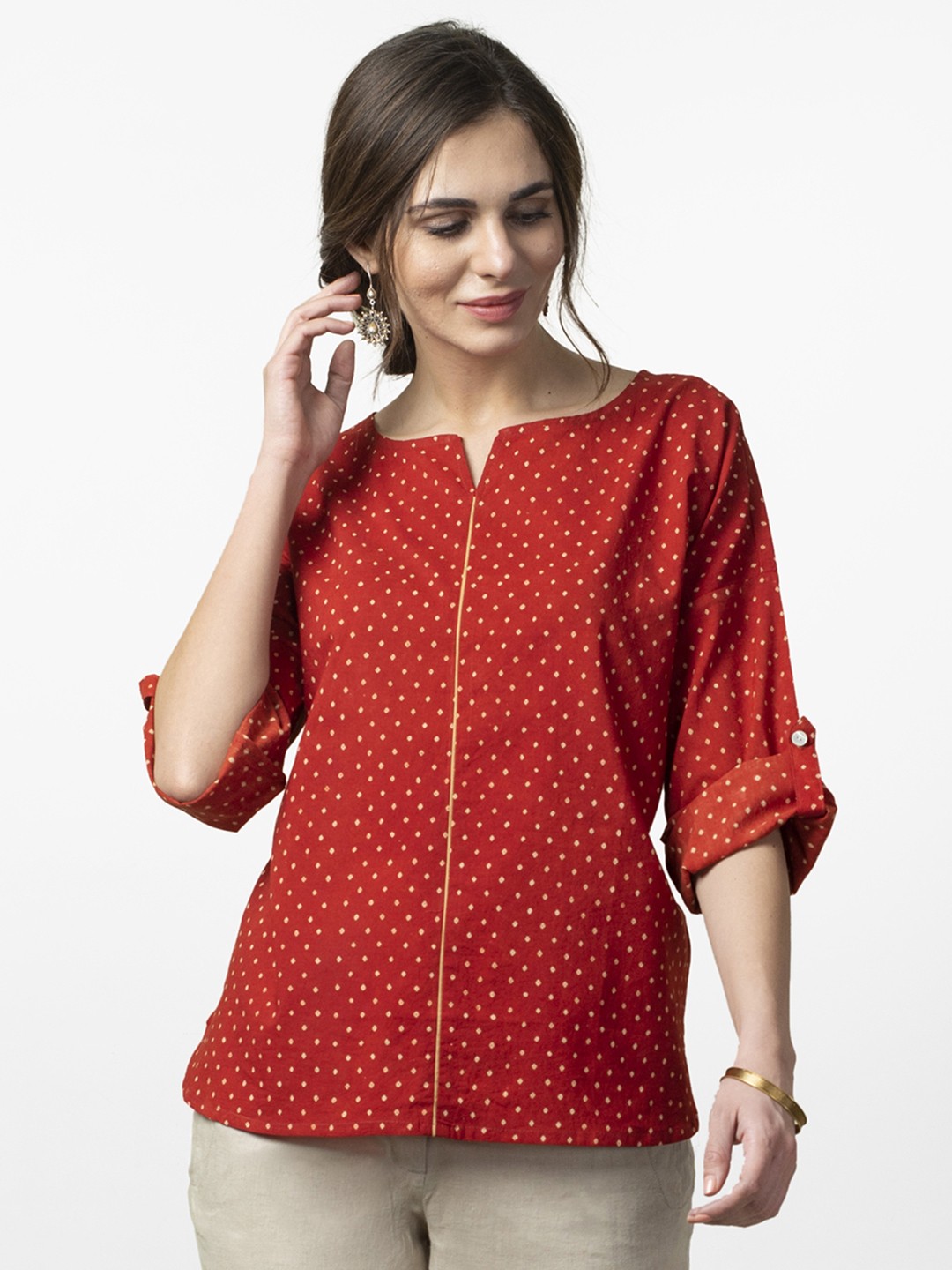 

Fabindia Women Red & Beige Handblock Print Pure Cotton Top