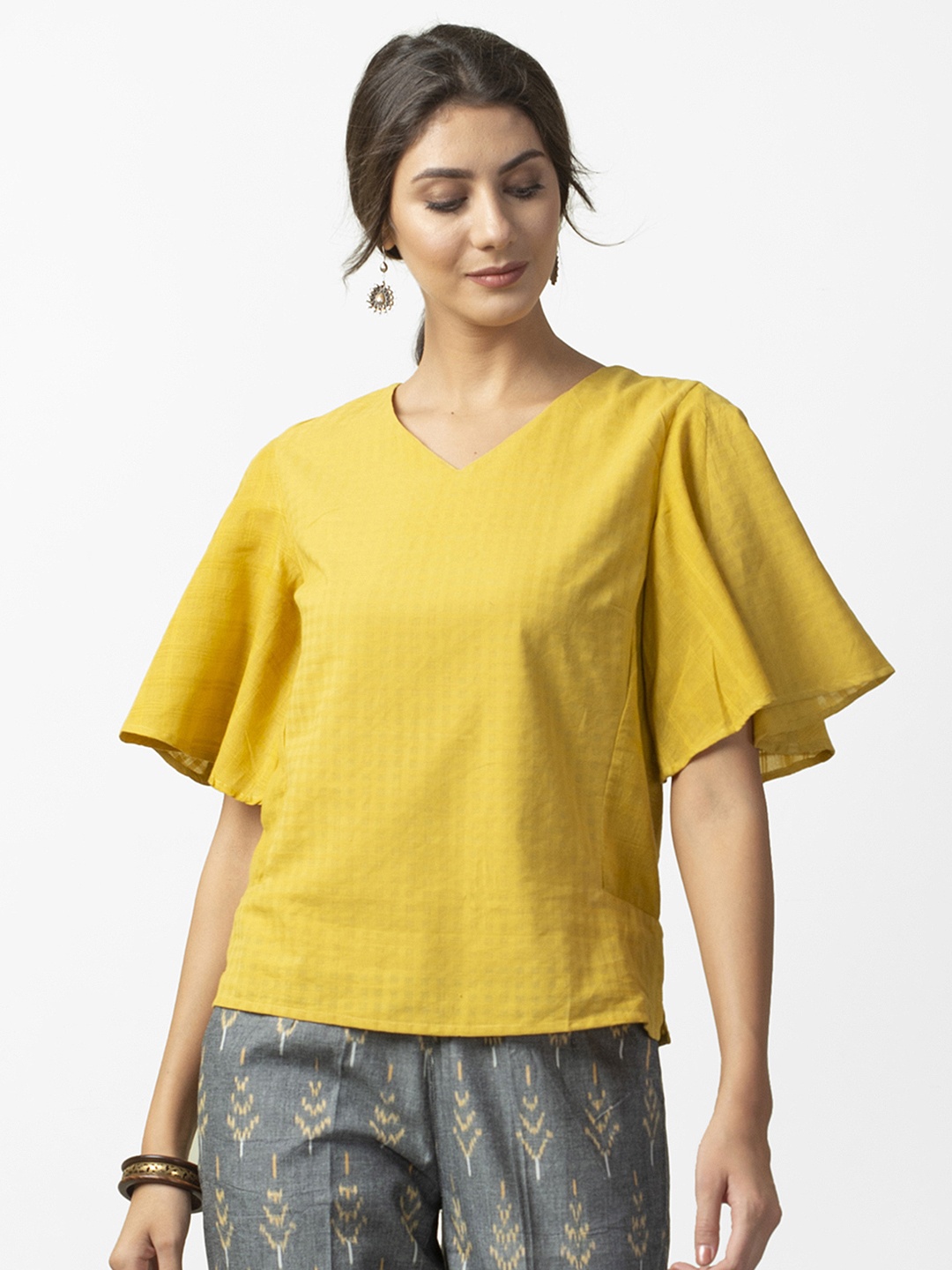

Fabindia Women Mustard Yellow Self Checked Pure Cotton Top