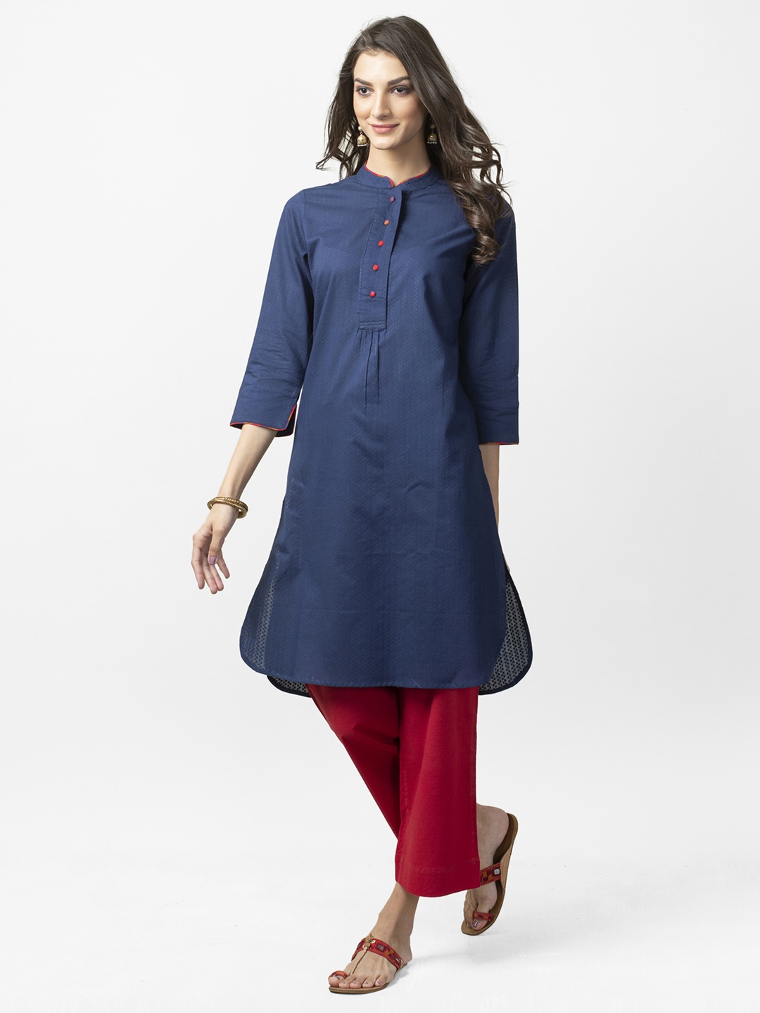 

Fabindia Women Navy Blue Dobby Weave Straight Kurta
