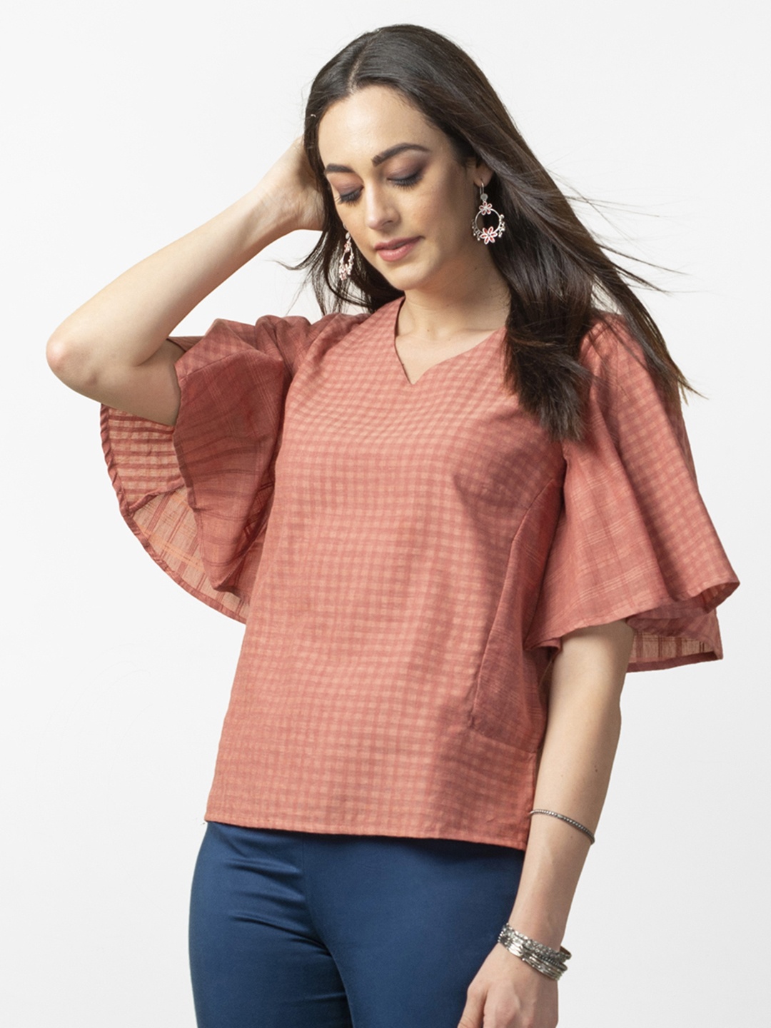 

Fabindia Women Peach-Coloured Self Checked Pure Cotton Top