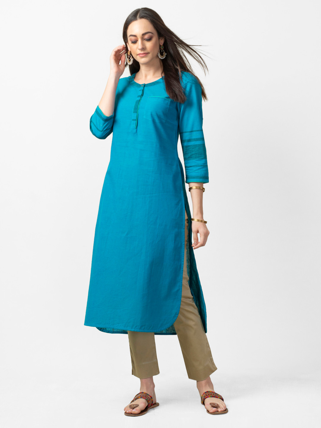 

Fabindia Women Blue Slim Fit Solid Straight Kurta