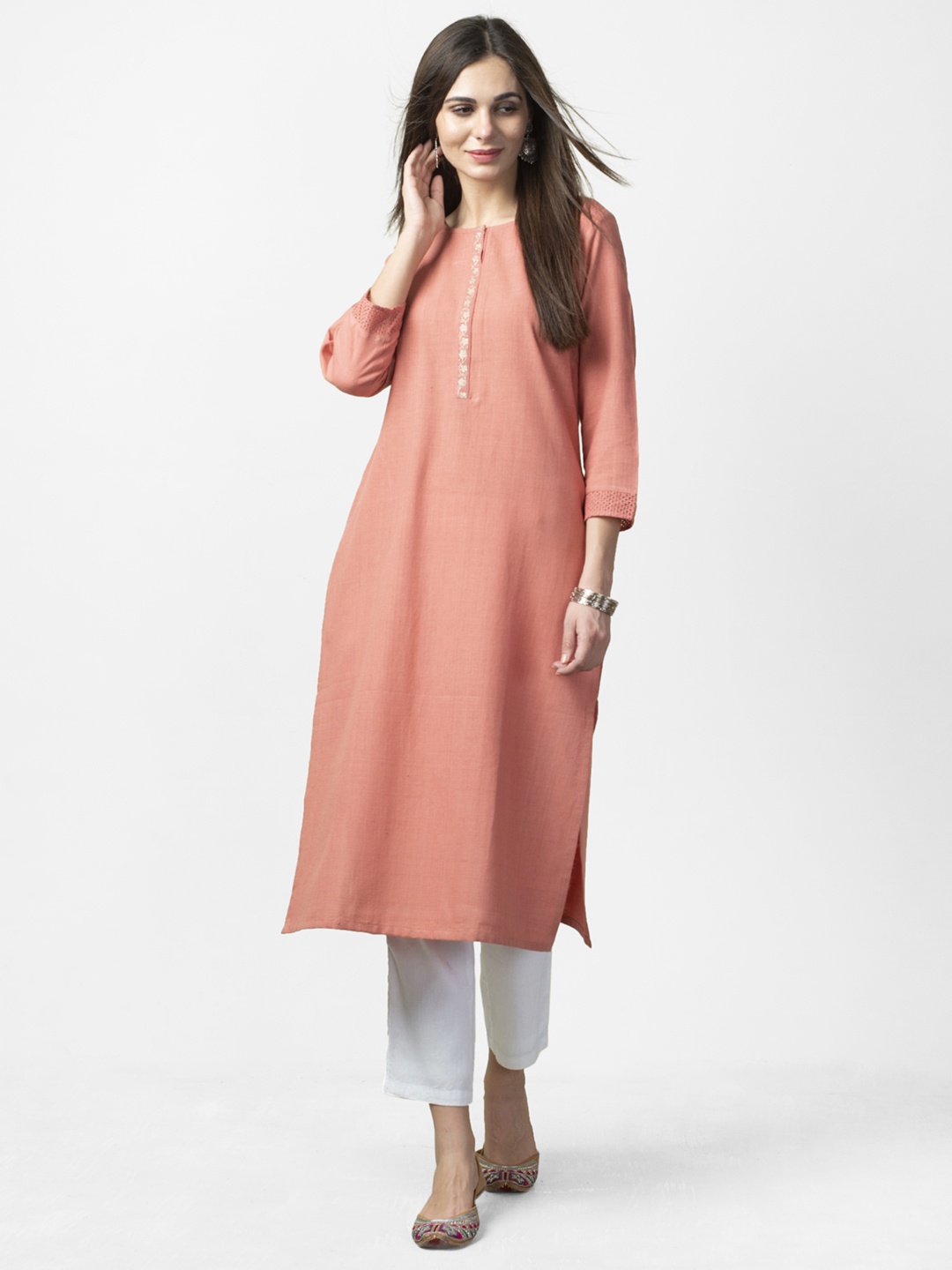 

Fabindia Women Peach-Coloured Solid Slim Fit Straight Kurta