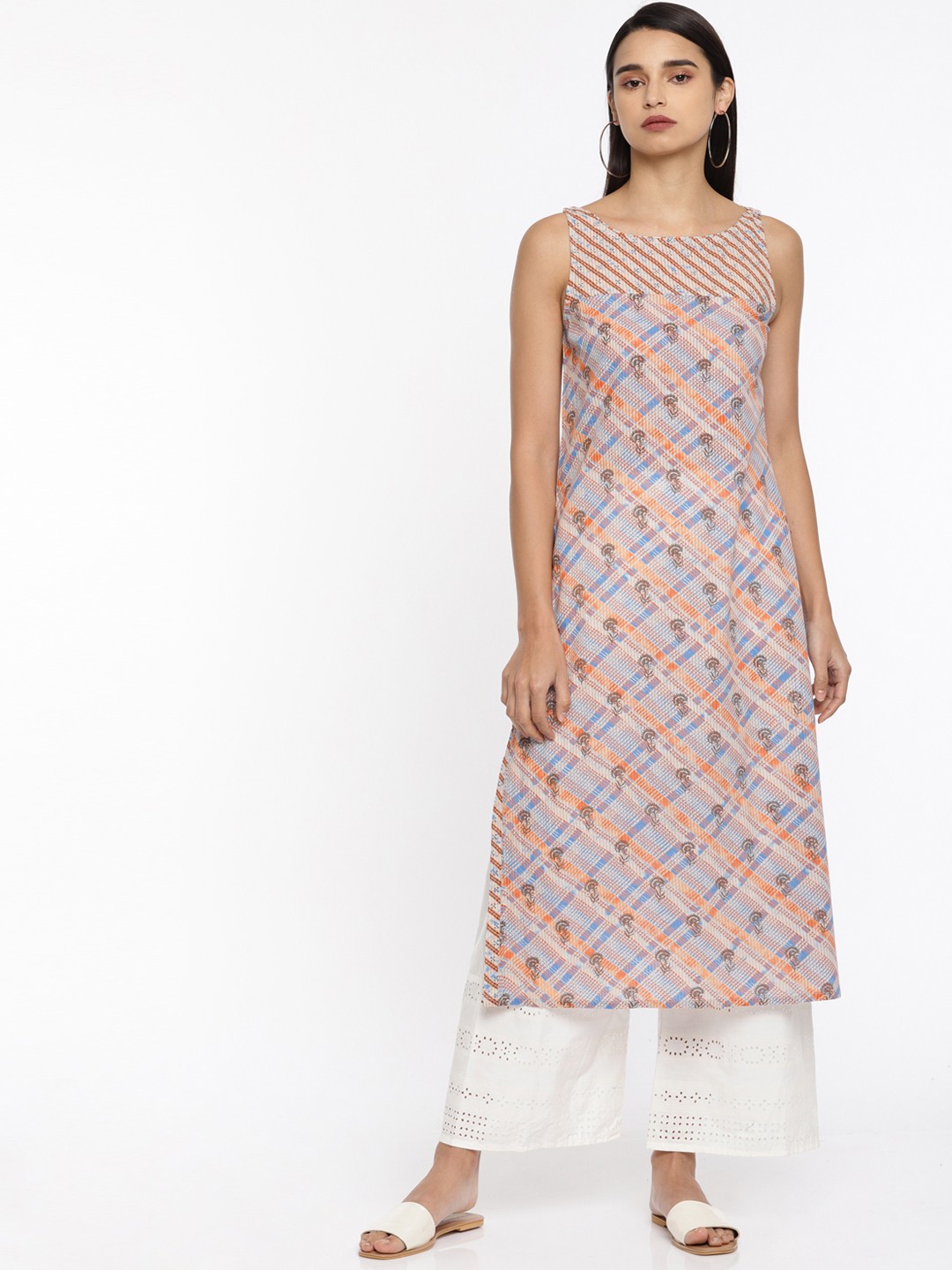 

Fabindia Women Beige & Blue Printed Straight Kurta