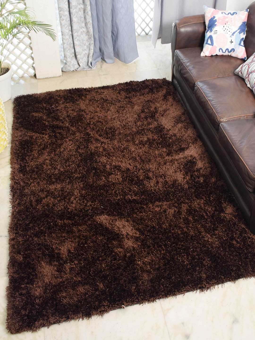 

Avira Home Coffee Brown Solid Microfiber Polyester Anti-Skid Shaggy Carpet