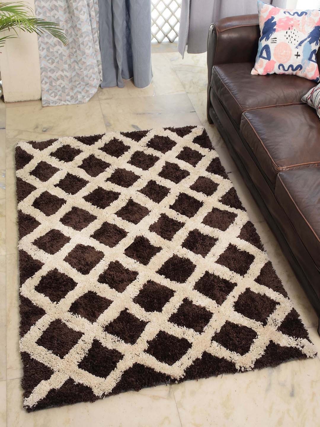 

Avira Home Coffee Brown & Beige Diamond Print Microfiber Polyester Anti-Skid Carpet