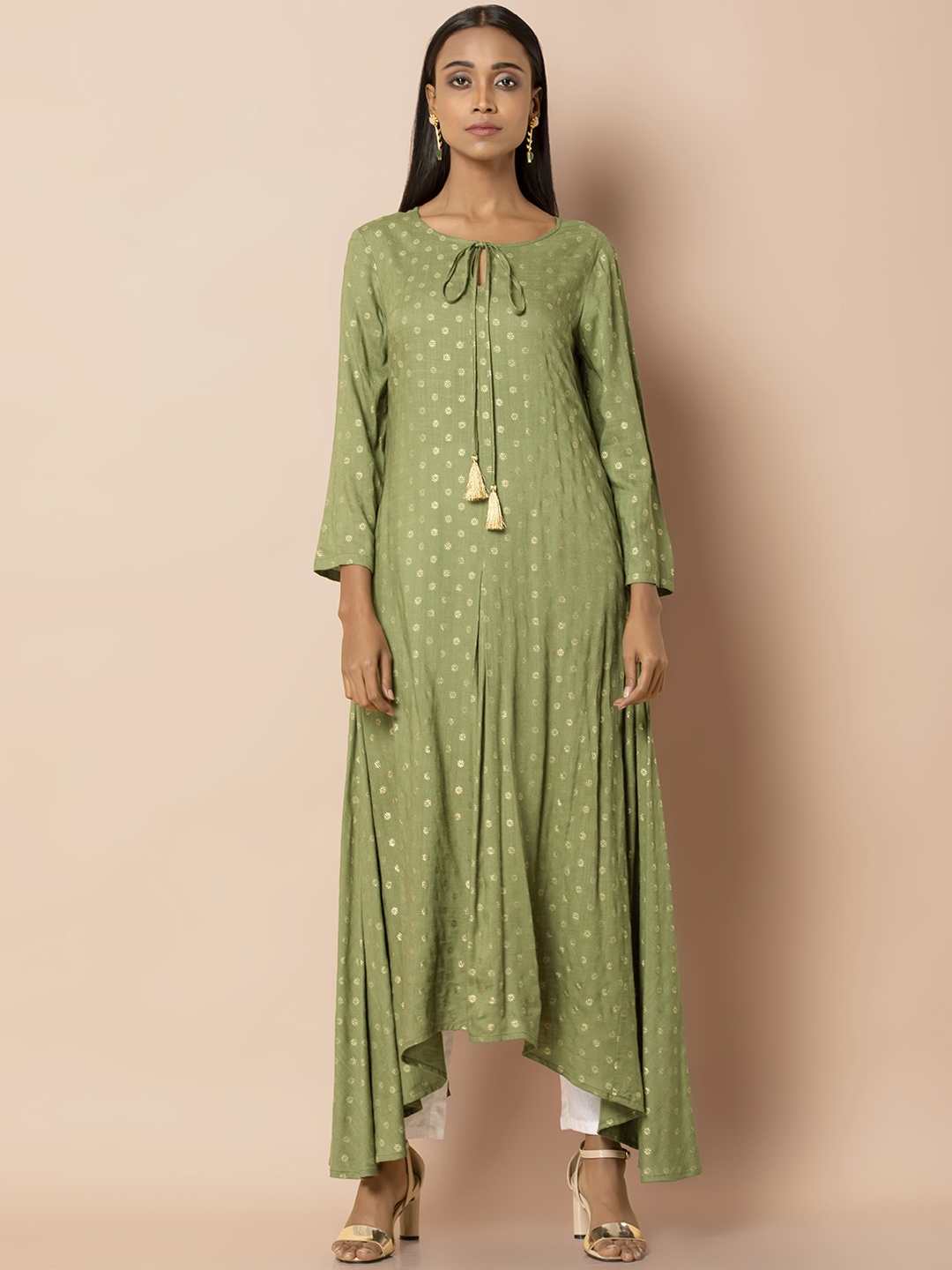 

INDYA Olive Green Foil High-Low Viscose Kurta