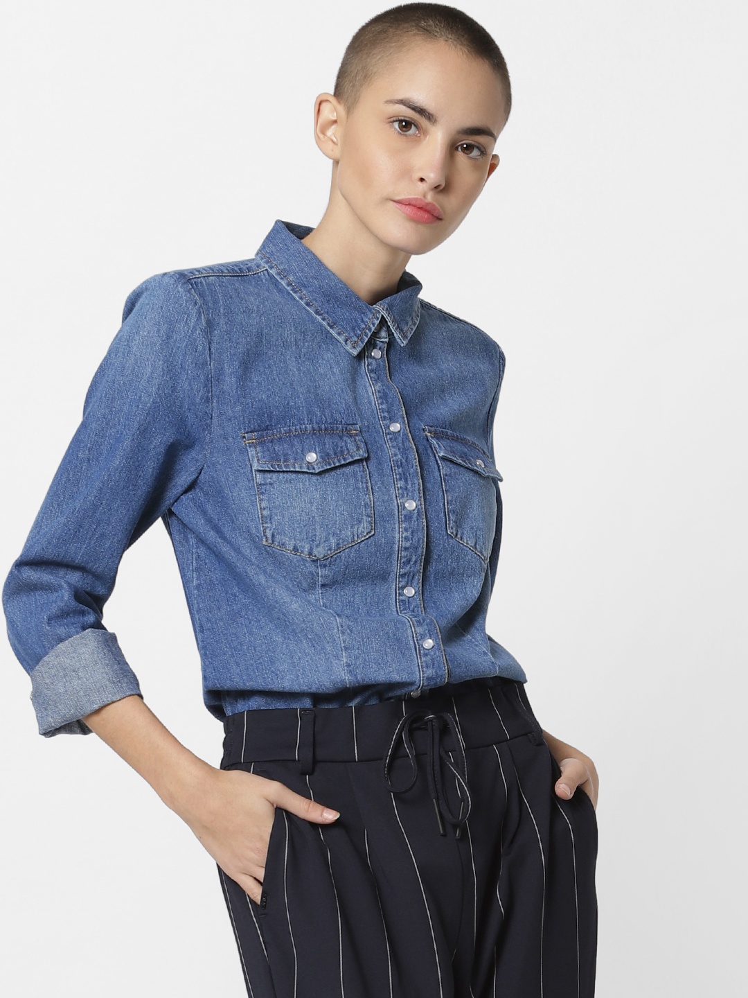 

ONLY Women Blue Regular Fit Solid Chambray Weaved Casual Shirt