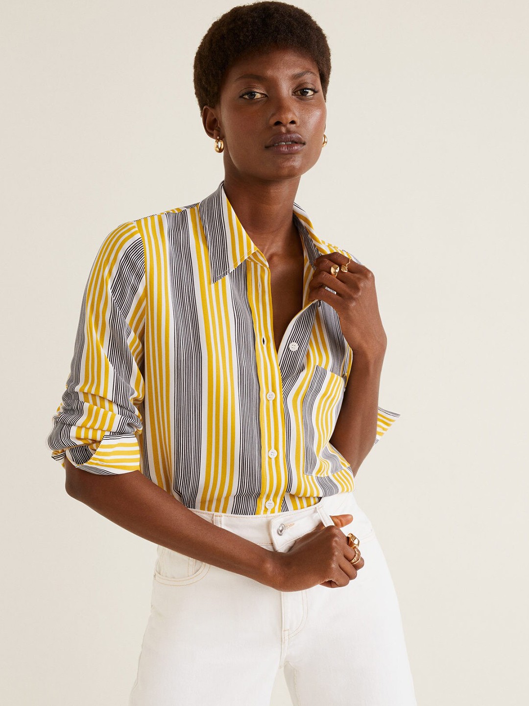 

MANGO Women Yellow & Black Striped Casual Shirt