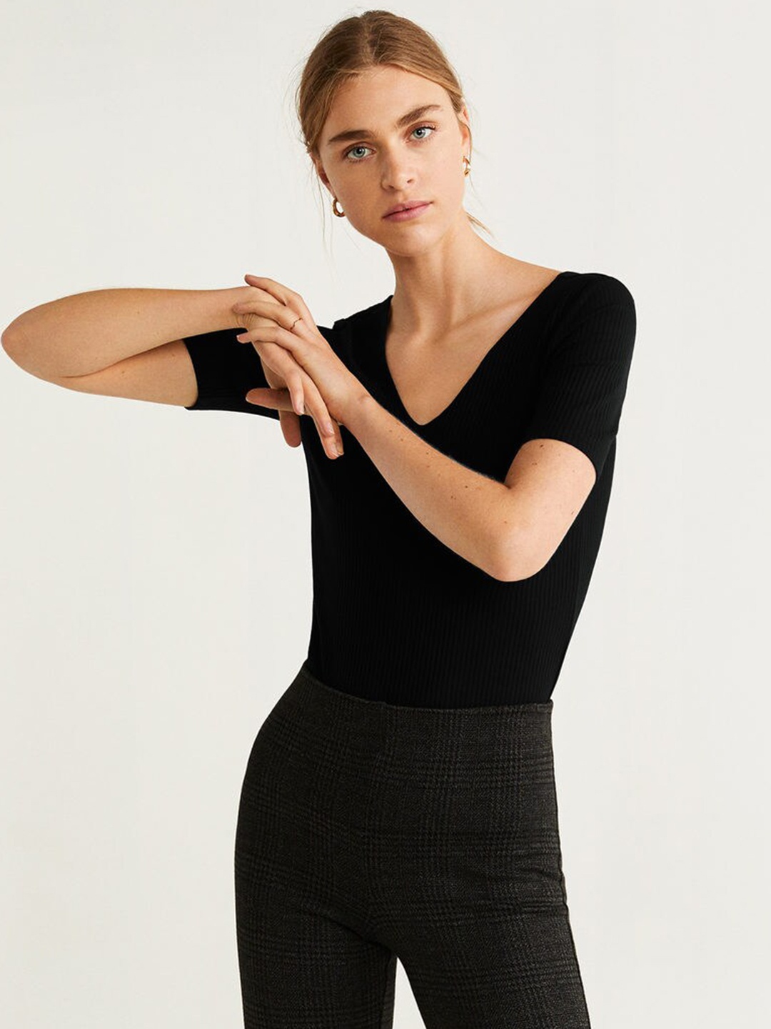 

MANGO Women Black Ribbed Fitted Top