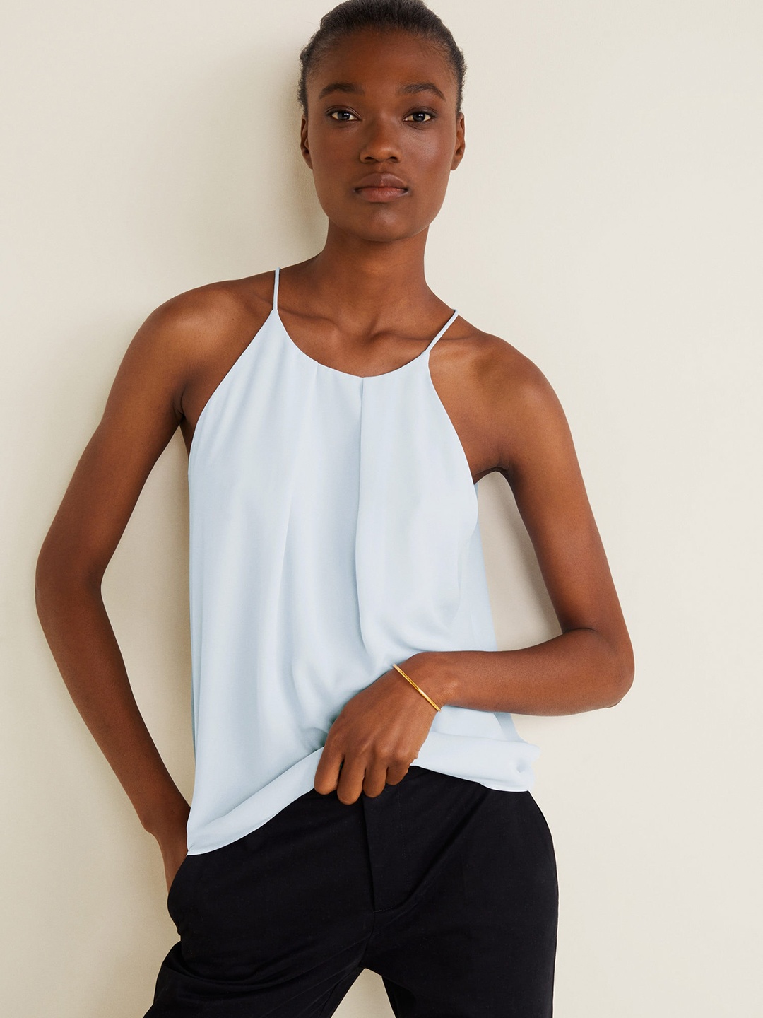 

MANGO Women Blue Pleated Solid Top