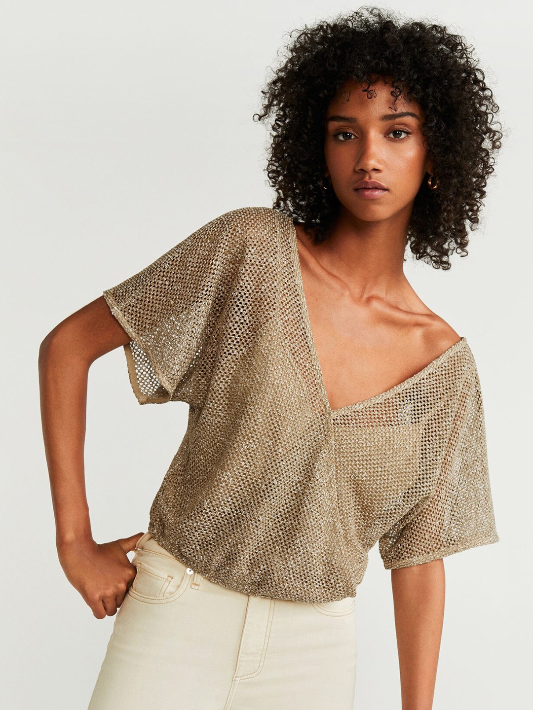 

MANGO Women Golden Self Design Semi-Sheer Wrap Top, Gold
