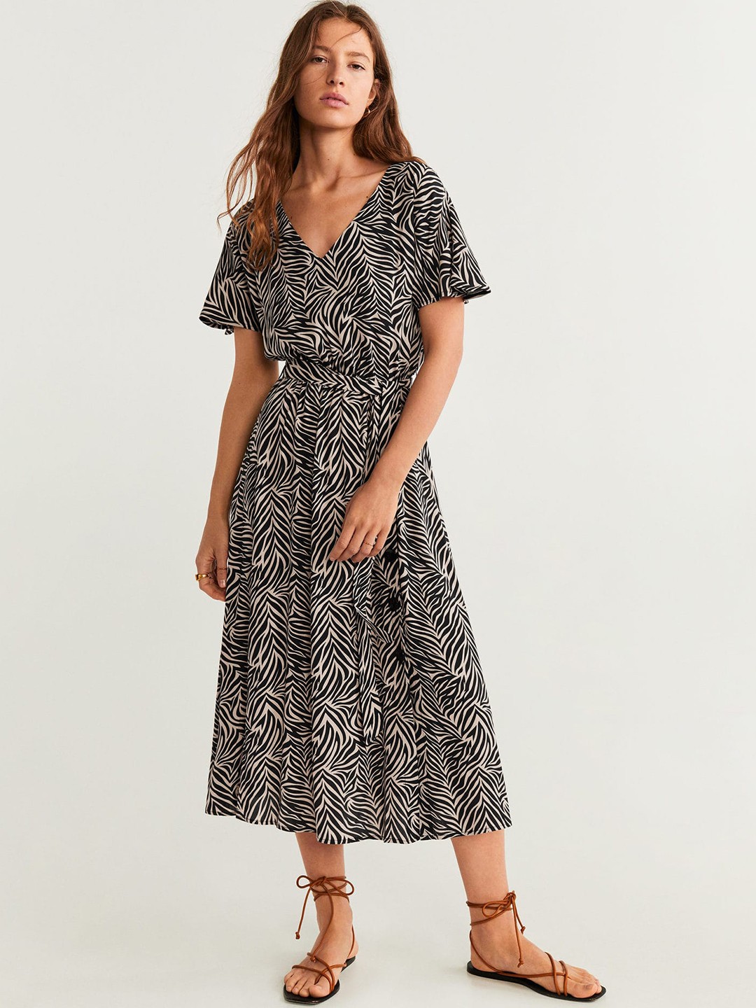 

MANGO Women Peach-Coloured & Black Animal Print Midi A-Line Dress