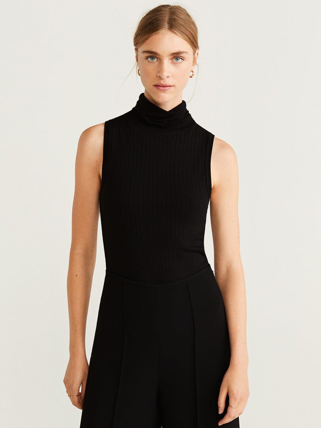 

MANGO Women Black Self-Striped Fitted Top