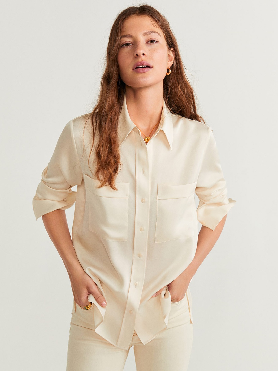 

MANGO Women Cream-Coloured Regular Fit Solid Casual Shirt