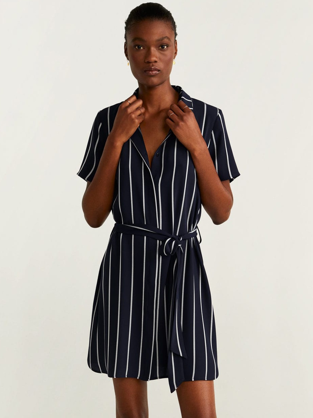 

MANGO Women Black & White Striped Shirt Dress