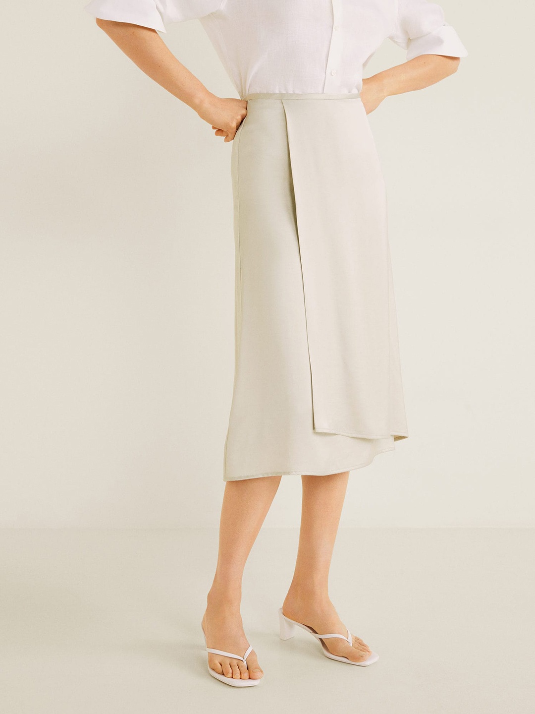 

MANGO Women Off-White Solid Midi Wrap Skirt with Satin Finish