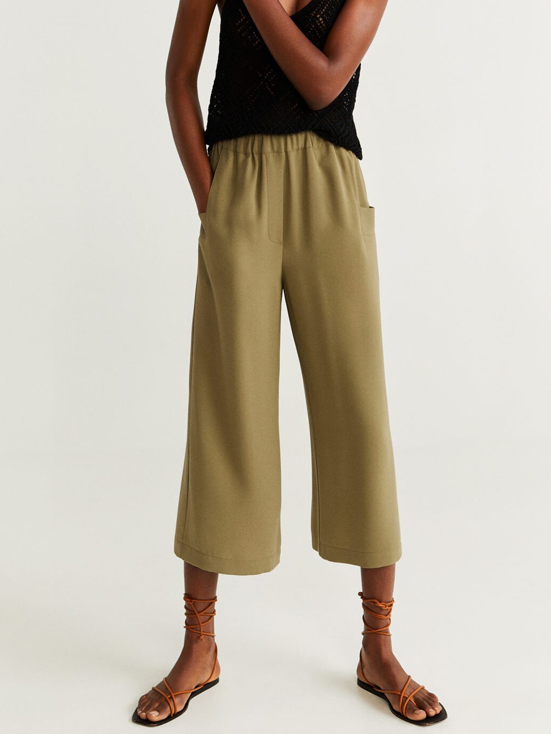 

MANGO Women Olive Green Solid Culottes