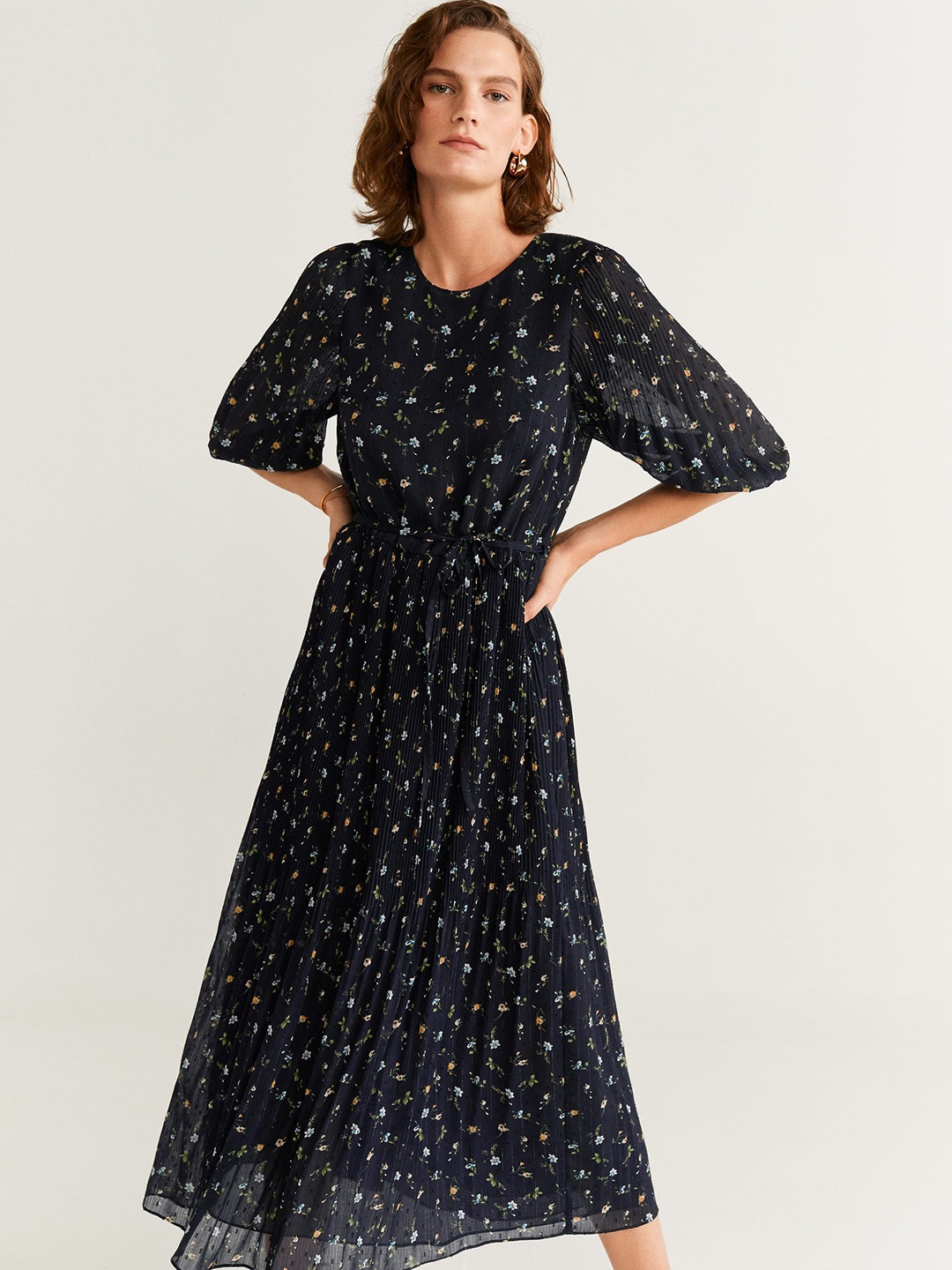 

MANGO Women Printed Navy Blue A-Line Dress