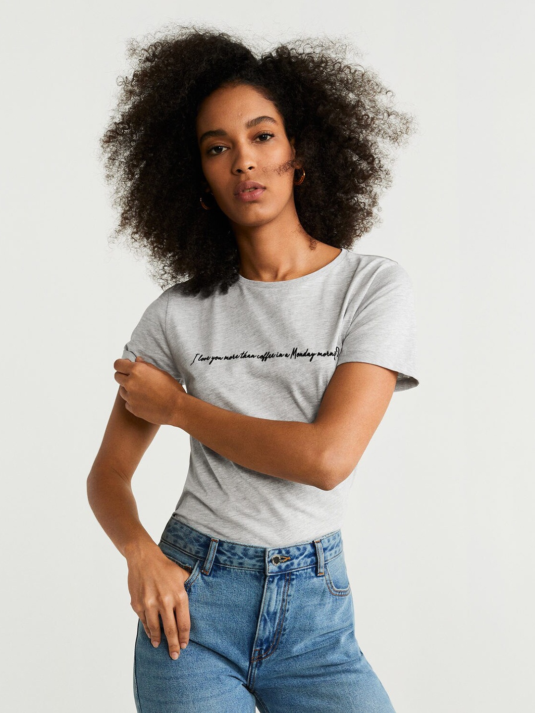 

MANGO Women Grey Melange Solid Round Neck T-shirt
