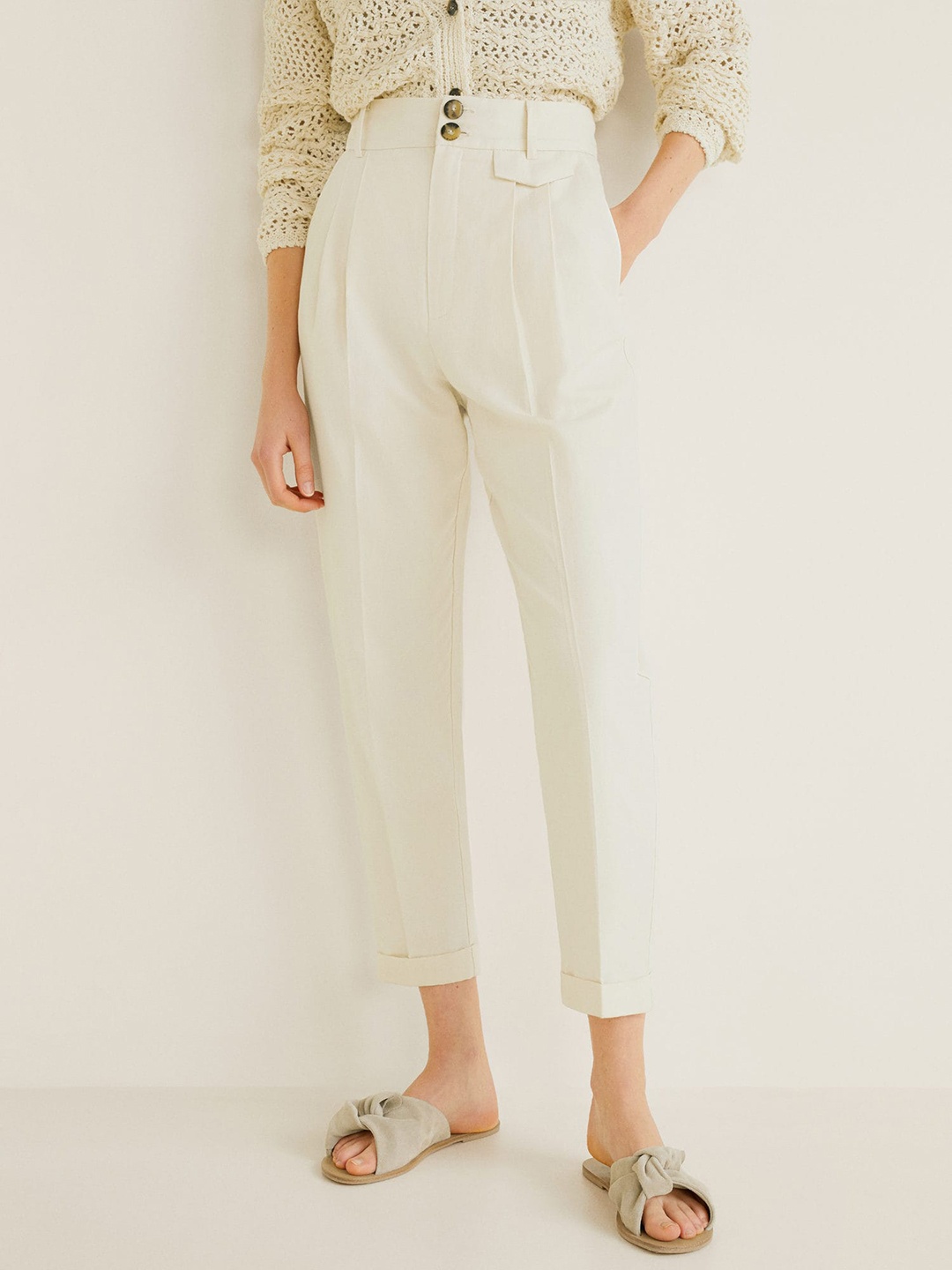 

MANGO Women Cream-Coloured Regular Fit Solid Cropped Trousers