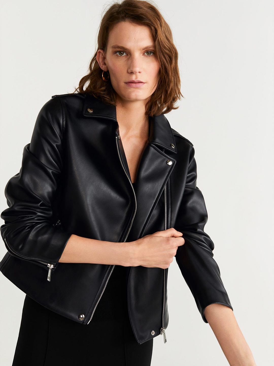 

MANGO Women Black Solid Biker Jacket