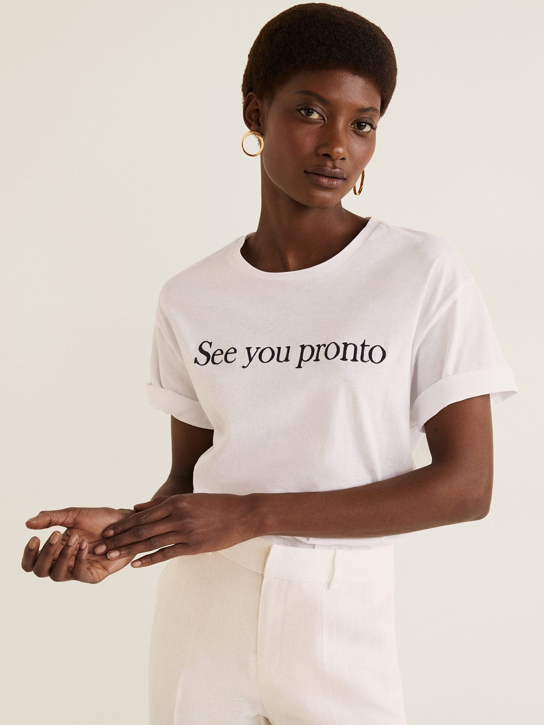 

MANGO Women White Solid Round Neck T-shirt