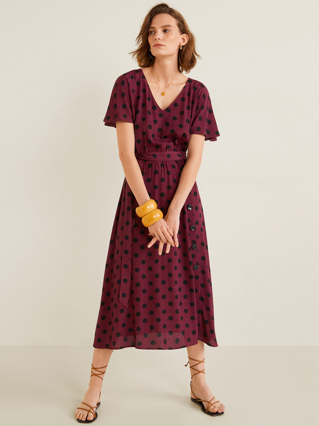 

MANGO Women Maroon & Black Printed Midi A-Line Dress